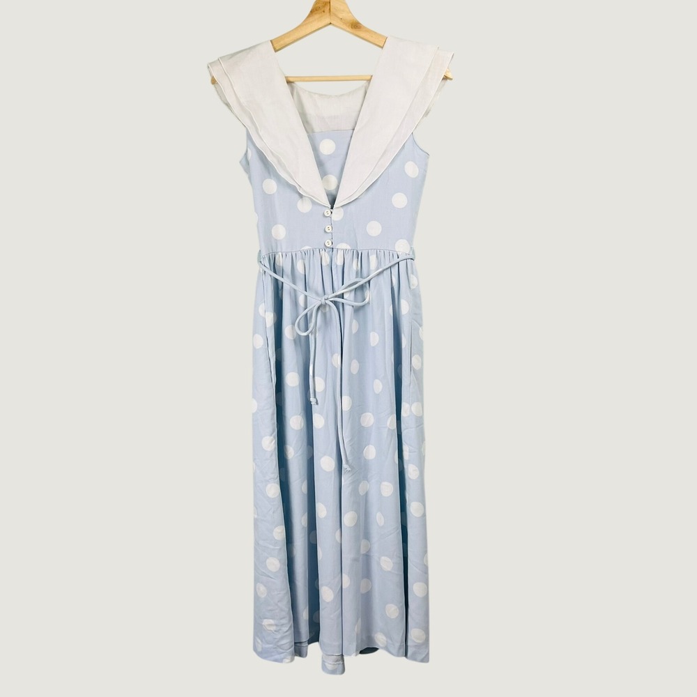 Vtg Lanz Polka Dot Midi Dress 2 Portrait Collar Pockets Sailor Pinup Tea Party